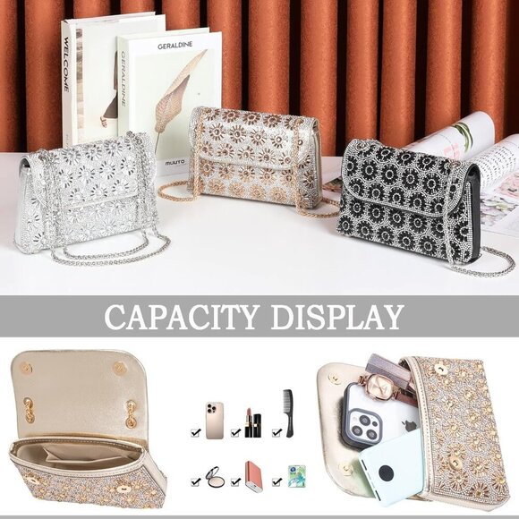 Brand New Crossbody Elegant Rhinestone Bag  Champagne Stylish & Spacious - Picture 7 of 7